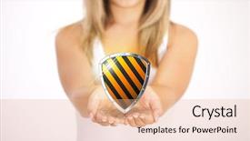  Presentation with shield - Colorful slide deck enhanced with web security - woman hands holding protective shield backdrop and a coral colored foreground