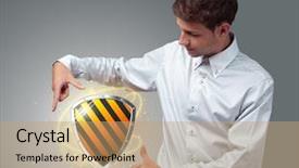  Presentation with shield - Theme featuring web security - young businessman holding virtual shield background and a coral colored foreground