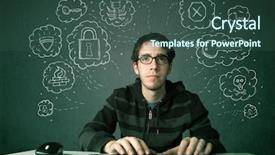  Presentation with web security - Slides having web security - young nerd hacker with virus background and a ocean colored foreground