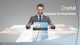  Presentation with news - Audience pleasing theme consisting of business multimedia technology and people concept - smiling businessman working with news projection on virtual screen backdrop and a gray colored foreground