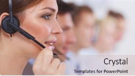  Presentation with web services - Slide deck with web services - businesswoman with headset smiling background and a coral colored foreground