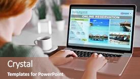  Presentation with hotel - Colorful slide set enhanced with web services - woman using laptop to book backdrop and a coral colored foreground