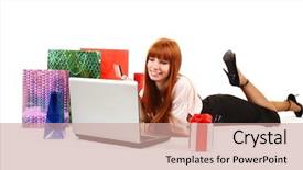  Presentation with occasion color india festival - Presentation theme featuring web shop - beautiful young redhead woman background and a coral colored foreground