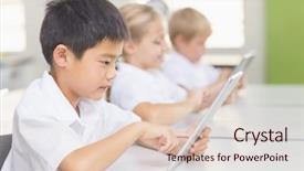  Presentation with table in a classroom cheating - Beautiful slide set featuring web technology - kids using digital tablet backdrop and a lemonade colored foreground