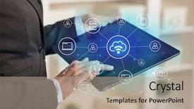  Presentation with web security - Beautiful slides featuring web threats - business woman using tablet backdrop and a mint green colored foreground