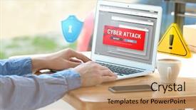  Presentation with cyber attack - PPT theme featuring web threats - man with laptop and notification background and a coral colored foreground