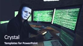  Presentation with computer hacker - Colorful presentation design enhanced with web threats - masked hacker using computer backdrop and a  colored foreground