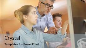  Presentation with desktop - Slides having web training - teacher with student working background and a  colored foreground