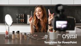  Presentation with blog - PPT theme with web tutorial - cheerful healthy young girl recording background and a tawny brown colored foreground