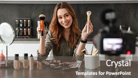  Presentation with new home - Cool new presentation with web tutorial - cheerful young girl recording her backdrop and a dark gray colored foreground