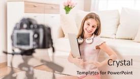  Presentation with teen girl - Slide set enhanced with web tutorial - young smiling videobloger teen girl background and a  colored foreground
