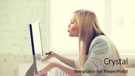  Presentation with monitor computer - Presentation design with webcam - picture of happy woman kissing background and a  colored foreground