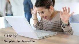  Presentation with laptop - Presentation having webcam - young girl at home cwaving background and a mint green colored foreground