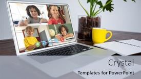  Presentation with distance learning - Cool new PPT layouts with webcam-view-of-group backdrop and a light blue colored foreground