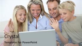  Presentation with young man holdng laptop on lap money - Slide set with webcamera - family connected on internet background and a light gray colored foreground