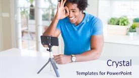  Presentation with fingers - Presentation with webcamn - african american man doing online background and a sky blue colored foreground