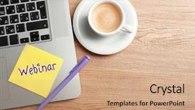  Presentation with coffee cup - Amazing slides having key business skills - webinar written on sticky note backdrop and a coral colored foreground