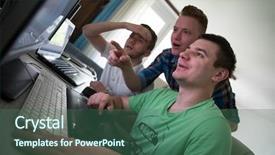  Presentation with small group working - Slide deck having webmaster - group of young graphic designers background and a ocean colored foreground