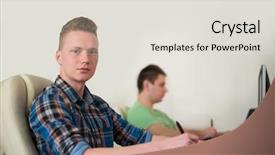  Presentation with small group working - PPT theme consisting of webmaster - group of young graphic designers background and a light gray colored foreground