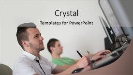  Presentation with small group working - Beautiful slides featuring webmaster - group of young graphic designers backdrop and a light gray colored foreground