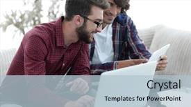  Presentation with web - Beautiful theme featuring webmaster - portrait of two web designers backdrop and a light blue colored foreground