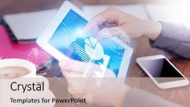  Presentation with technology - Slide deck consisting of webmaster - woman working with tablet modern background and a soft green colored foreground