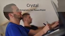  Presentation with computer network design - Slide set featuring webmaster - young graphic designer working background and a  colored foreground