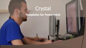  Presentation with computer network design - Slide deck having webmaster - young graphic designer working background and a  colored foreground