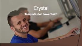  Presentation with computer network design - Slide set featuring webmaster - young graphic designer working background and a  colored foreground