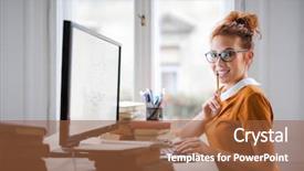  Presentation with computer - Slides enhanced with website red white - smiling young woman working background and a tawny brown colored foreground
