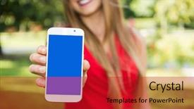  Presentation with empty - Slide deck with website red white - young woman showing an empty background and a crimson colored foreground