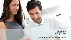  Presentation with blue and orange business people - Cool new presentation design with websurfing on tablet during breaktime backdrop and a sky blue colored foreground