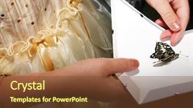  Presentation with tale - PPT theme enhanced with fairy tale wedding - girl's hands opening a box background and a tawny brown colored foreground