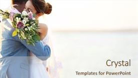  Presentation with bride - Beautiful slide deck featuring wedding - groom and bride hugging outdoor backdrop and a sky blue colored foreground