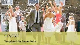  Presentation with confetti - PPT layouts consisting of wedding - guests throwing confetti over bride background and a yellow colored foreground