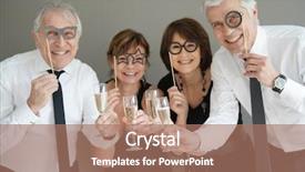  Presentation with team party - Presentation design with team anniversary - senior people celebrating with party background and a coral colored foreground