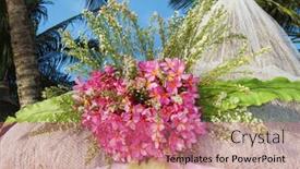  Presentation with tropical wedding - Beautiful PPT theme featuring wedding arch and set up with flowers on tropical beach under palm trees backdrop and a coral colored foreground