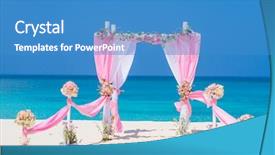  Presentation with tropical wedding - PPT theme having gazebo - wedding arch decorated with flowers background and a teal colored foreground