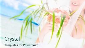  Presentation with tropical wedding - Amazing PPT theme having wedding bouquet on tropical sea backdrop and a sky blue colored foreground