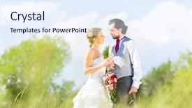  Presentation with sparkling wine - Presentation theme consisting of wedding bride and groom toasting with sparkling wine outside on field background and a sky blue colored foreground