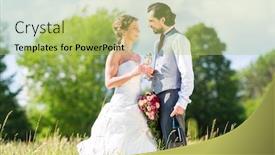  Presentation with sparkling wine - Beautiful presentation featuring wedding bride and groom toasting with sparkling wine outside on field backdrop and a mint green colored foreground