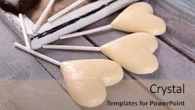  Presentation with heart shaped book page - Presentation design with wedding burlap - chocolate heart shaped candies background and a coral colored foreground