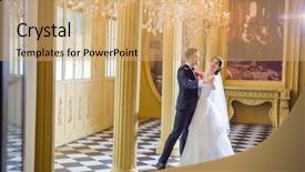  Presentation with wedding couple wishes - Beautiful theme featuring wedding couple dancing in church backdrop and a coral colored foreground