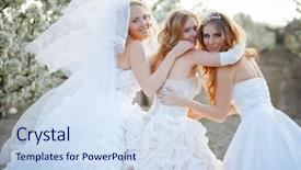  Presentation with wedding - Beautiful PPT theme featuring wedding dress - three happy beautiful brides together backdrop and a sky blue colored foreground