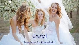  Presentation with wedding - Beautiful presentation theme featuring wedding dress - three happy beautiful brides together backdrop and a sky blue colored foreground