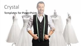  Presentation with white wedding - Slide set with wedding-dress-designer-posing background and a white colored foreground