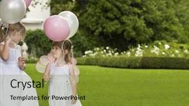  Presentation with white wedding - Colorful PPT theme enhanced with wedding event - two young girls in garden backdrop and a gold colored foreground