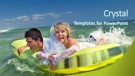  Presentation with married couple - Slide deck with wedding fun - young and beautiful newly-married couple background and a ocean colored foreground