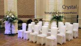  Presentation with banquet - PPT theme featuring wedding hall and chairs background and a coral colored foreground