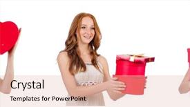  Presentation with wedding montage - Theme enhanced with wedding montage - young woman with giftbox isolated background and a lemonade colored foreground